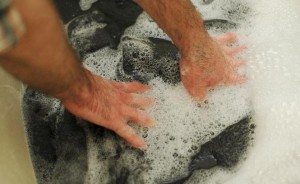 hand washing a jacket