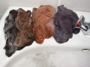First, we rub the tights with soap and leave them