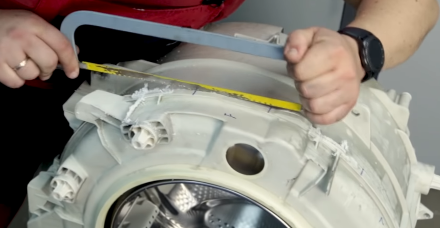 We cut apart the AEG washing machine's tank.