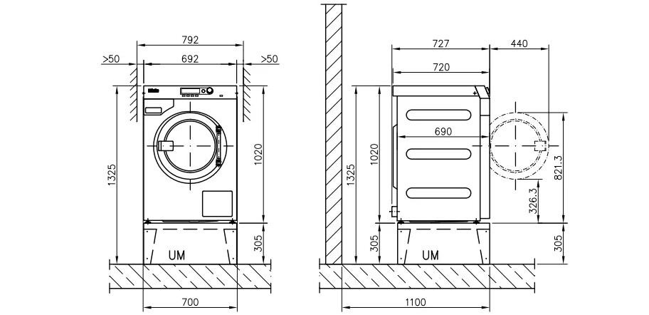Dimensions of front-loading washing machines