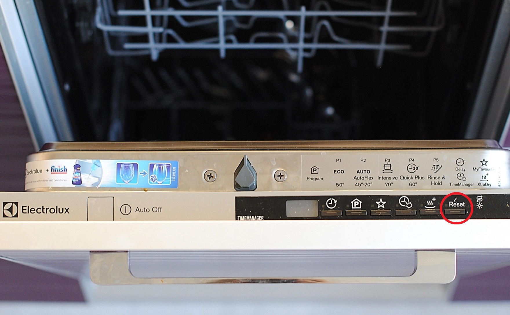 How to reset a program on an Electrolux dishwasher