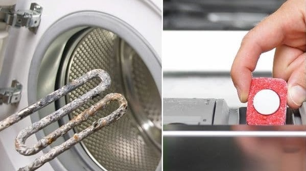 A dishwasher tablet cleans the washing machine.
