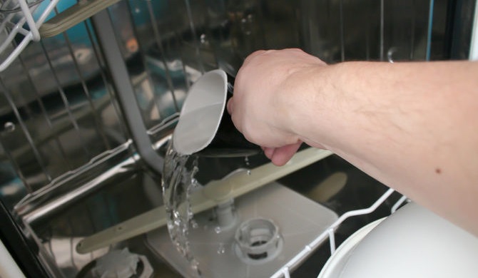 pour water into the dishwasher