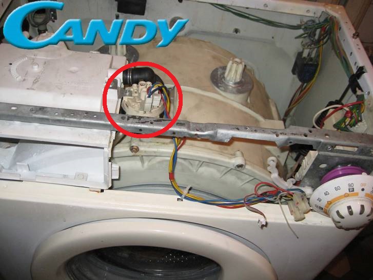 Where is the pressure switch located in a Candy washing machine?